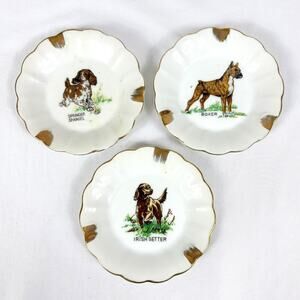Porcelain Dog Ashtray Set Boxer Irish Setter Springer Spaniel 5" Dish Vtg Japan